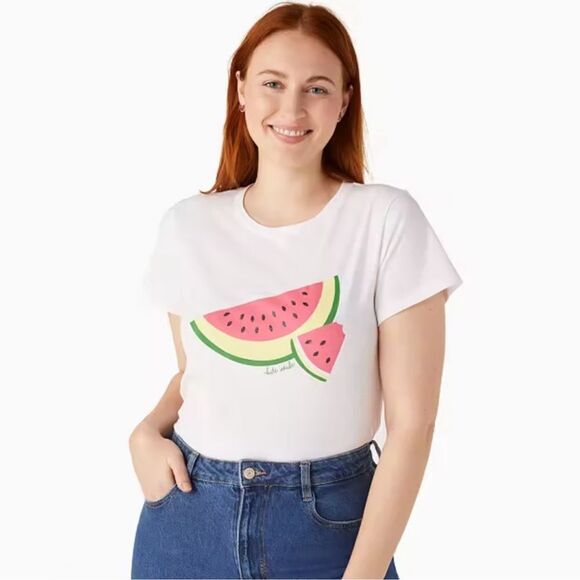 kate spade XS & XL White Watermelon Slice Print Short Sleeve Crew Tee - Picture 4 of 9